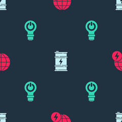 Set Global energy power planet, Bio fuel barrel and Light bulb with lightning on seamless pattern. Vector