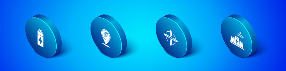 Set Isometric Battery, Wind turbine, Power station plant factory and Location with leaf icon. Vector
