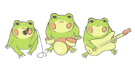 Emotional cute frogs. Cartoon character. Illustration of frogs playing on music instruments