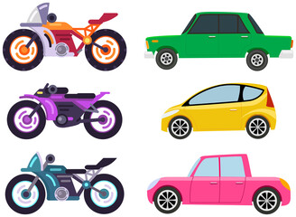 Naklejka premium Cars and motorcycles of different types without drivers. Set of modes of transport and shapes
