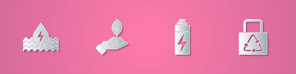 Set paper cut Water energy, Plant in hand, Battery and Paper bag with recycle icon. Paper art style. Vector