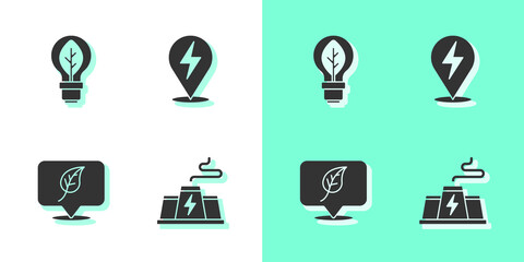 Set Power station plant factory, Light bulb with leaf, Location and Lightning bolt icon. Vector