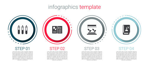 Set Reagent bottle, Clinical record, Automatic irrigation sprinklers and Genetic engineering book. Business infographic template. Vector