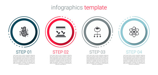 Set Bacteria, Automatic irrigation sprinklers, Genetically modified food and Atom. Business infographic template. Vector