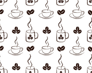Big and small cups of coffee laid out from coffee beans. Seamless pattern. Vector illustration