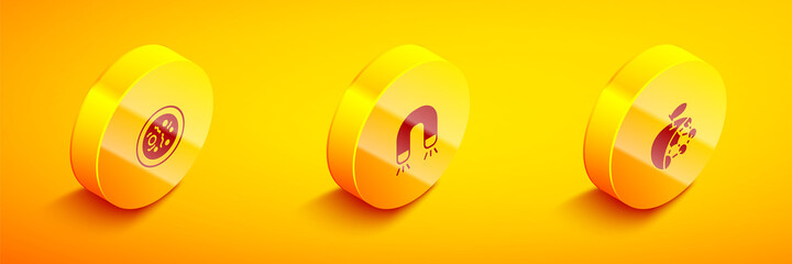 Set Isometric Petri dish with bacteria, Magnet and Biological structure icon. Vector