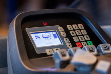 Electric forklift buttons and control panel close up view. Detail image of driving control of warehouse inventory