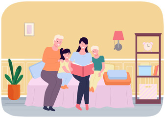 Mother reading story to children, happy family, fairy tale, vector graphics. Child care, parenting