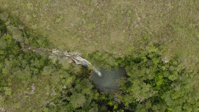 aerial image with drone dji mavic 2 pro of Santa Barbara waterfall in Chapada dos Veadeiros Brazil