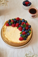 Cheesecake with berries on a white background. Side view.