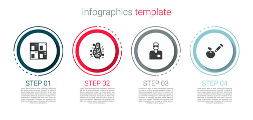 Set Periodic table, Bacteria, Laboratory assistant and Genetically modified apple. Business infographic template. Vector