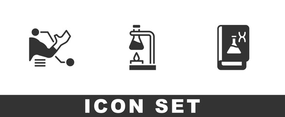 Set Prosthesis hand, Test tube flask on fire and Genetic engineering book icon. Vector