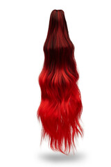 Detail shot of two-tone wavy ponytail for hair extension. Natural looking false hairpiece tinted in black and red is isolated on the white background. 