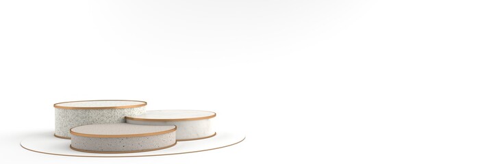 3D rendering of Round marble Pedestal, Podium for display product on the white floor. Pedestal can be used for commercial advertising, Isolated on white background, Product Presentation, illustration.