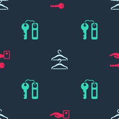 Set Hotel door lock key, Hanger wardrobe and on seamless pattern. Vector