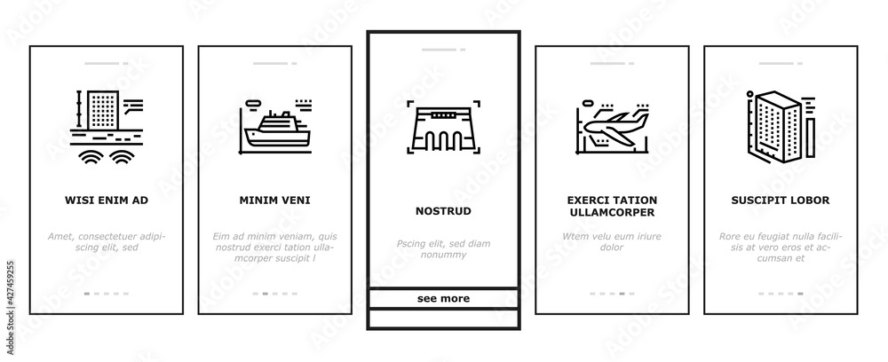 Poster modeling engineering onboarding mobile app page screen vector. ship and airplane, bridge and dam, bu