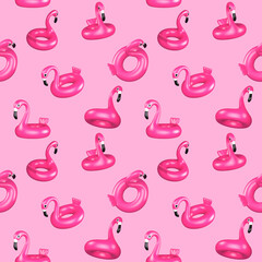 Seamless pattern with inflatable pink flamingo on pink background. 3D rendering. © iaremenko