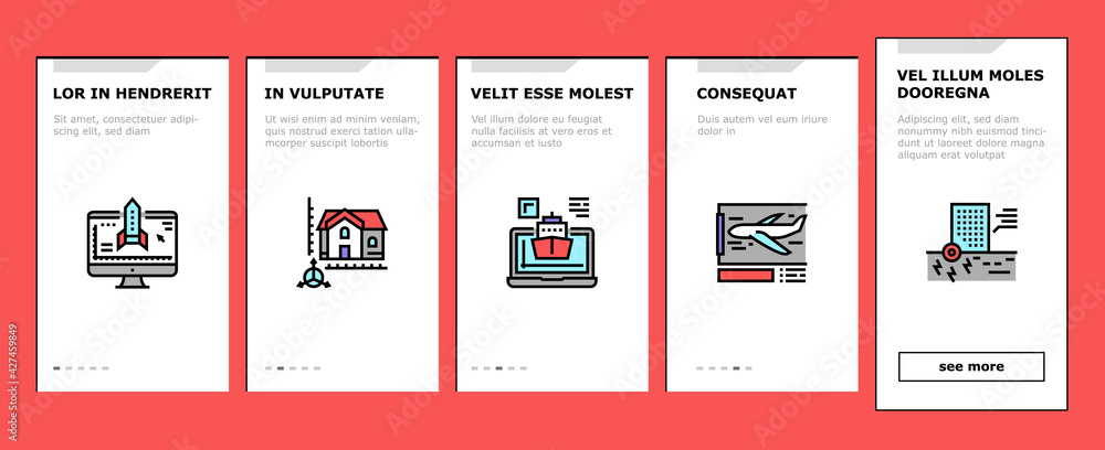 Poster modeling engineering onboarding mobile app page screen vector. ship and airplane, bridge and dam, bu