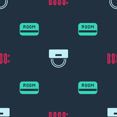 Set Heating radiator, Bellboy hat and Hotel key card on seamless pattern. Vector