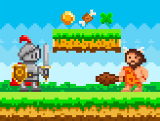 Fototapeta premium Pixelated natural landscape with warrior holding shield and sword fighting against caveman with club