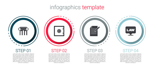 Set Law pillar, Safe, Document and pen and Location law. Business infographic template. Vector