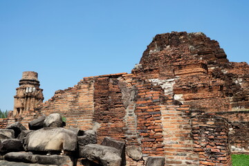 Stupa Debris at Ancient Wat Mahathat Temple where is Famous Historical Landmark in Ayutthaya Province, Thailand.