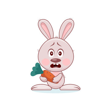 Surprised cute gray rabbit or hare with long ears, big ears and pink cheeks looks in surprise, holding an orange carrot in his paws, vector image of an emoticon, eps 10, isolated on white