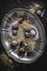 Dark mood natural Easter decoration with quail eggs on a vintage plate symbolizing nest