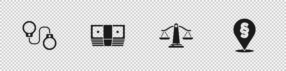 Obraz premium Set Handcuffs, Bribe money cash, Scales of justice and Location law icon. Vector