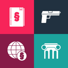 Set pop art Law pillar, International law, Pistol or gun and book icon. Vector
