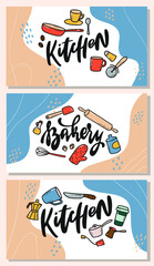 set of kitchen banners decorated with lettering quotes and doodles. Good for cards, prints, social media banners, kitchen decor, etc. EPS 10