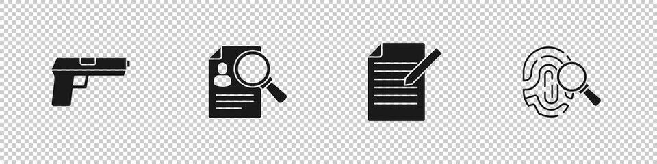 Set Pistol or gun, Paper analysis magnifying, Document and pen and Fingerprint icon. Vector