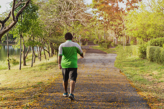 Asian Oversize Man Walking Exercise In The Park.