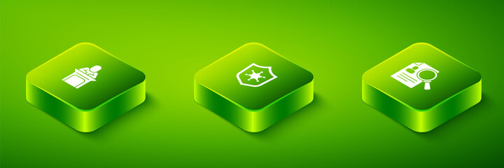 Set Isometric Police badge, Paper analysis magnifying and Judge icon. Vector