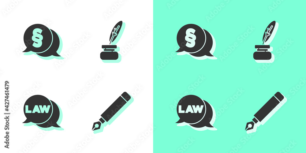 Poster Set Fountain pen nib, Law, and Feather and inkwell icon. Vector