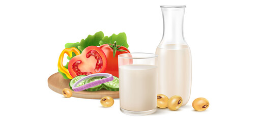 Fresh Soy milk with glass of milk and Bottle mock up isolated on white background. Realistic vector in 3D elements.