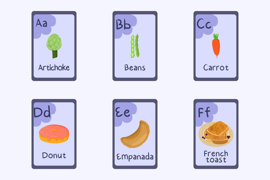 Colorful alphabet flashcard Letter A, B, C, D, E, F - artichoke, beans, carrot, donut, empanada, french toast.