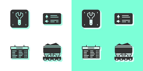 Set Coal train wagon, Repair of railway, Train station board and Road traffic signpost icon. Vector