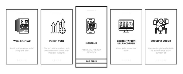 Productivity Manage Onboarding Mobile App Page Screen Vector. Energy Drink And Motivation, Working Hours And Growth Rates, Deadline And Productivity Work Illustrations