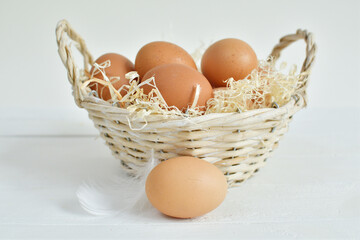 basket with organic eggs on white background.Happy Easter