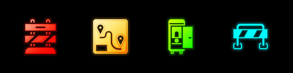 Set End of railway tracks, Route location, Toilet in the train car and Road barrier icon. Vector