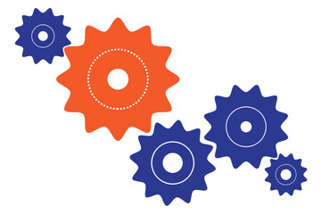 Gears set vector illustration. Orange and blue colored spinning cogs to use in business, brainstorm, teamwork, machinery and industry projects.   