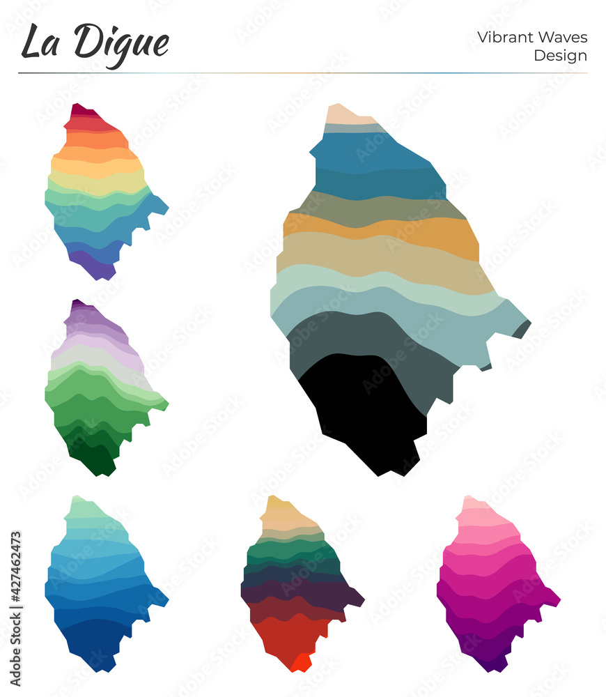 Poster set of vector maps of la digue. vibrant waves design. bright map of island in geometric smooth curve