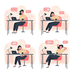 Productive worker and tired worker, productivity during the working day, stress or burnout