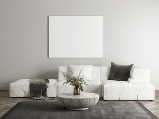 White empty poster in living room design, 3d render, 3d illustration.