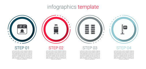 Set Ticket office to buy tickets, Suitcase, Railway, railroad track and Cafe and restaurant location. Business infographic template. Vector