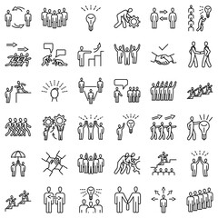 Teamwork in business. Brainstorming, idea, insight. Icons of people working together. Cohesive team. Set of icons, Outline, isolated, perfect pixel 48x48.