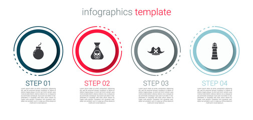 Set Bomb ready to explode, Pirate coin, hat and Lighthouse. Business infographic template. Vector