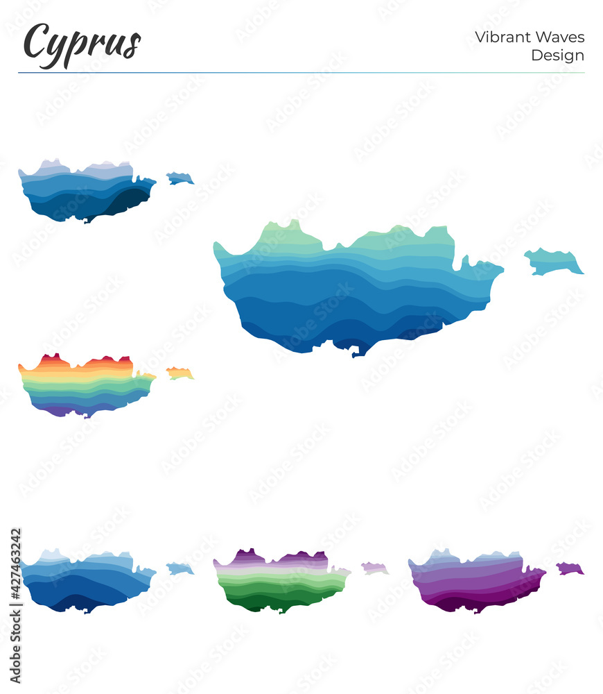 Poster set of vector maps of cyprus. vibrant waves design. bright map of country in geometric smooth curves