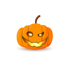 Halloween pumpkin icon. Autumn symbol. 3D design. Halloween scary pumpkin face smile, candle light, branch. Orange squash silhouette, isolated white background. Cartoon colorful Vector llustration